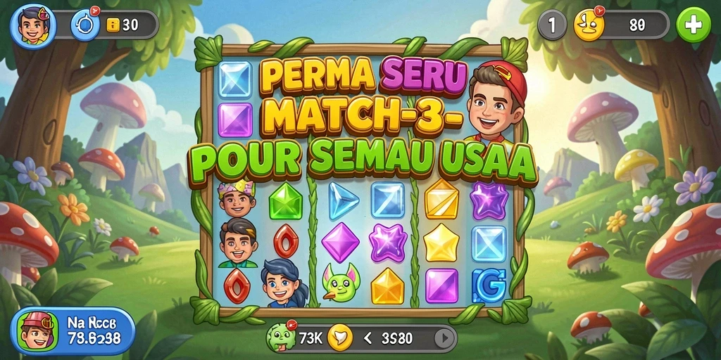 Tampilan gameplay <strong>73K</strong> yang cerah dengan elemen Match-3.