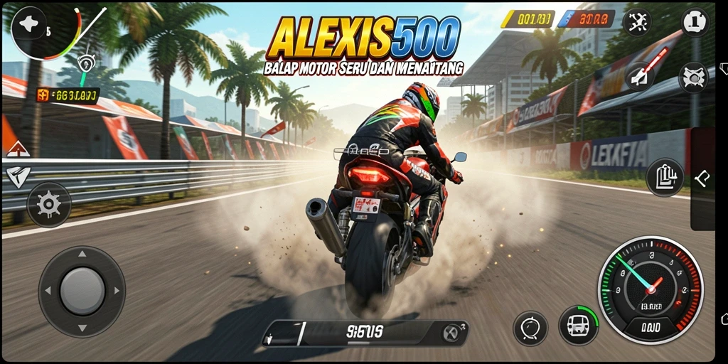 Tampilan gameplay ALEXIS500 yang mendebarkan dan penuh aksi balap motor.