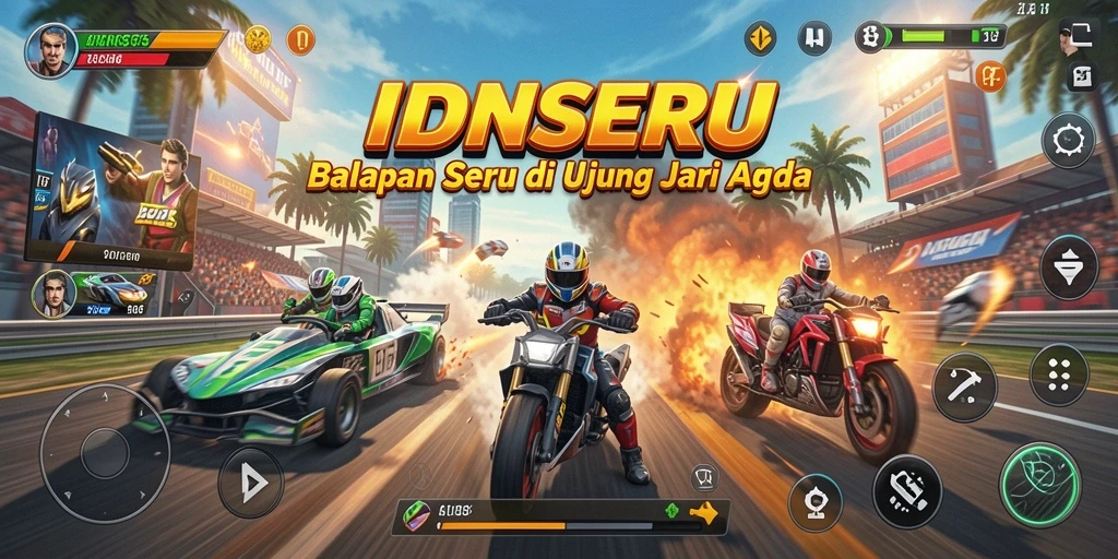 Screenshot gameplay IDNSERU menunjukkan aksi balapan yang mendebarkan.