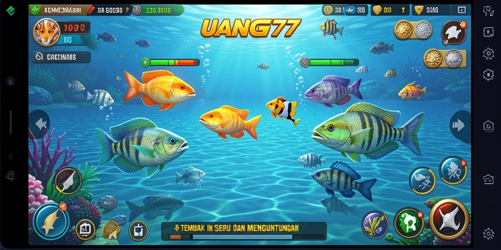 Screenshot utama UANG77 menampilkan gameplay menangkap ikan yang seru dan penuh warna.